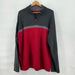 Eddie Bauer 1/4 Zip Pullover Mens XL Tall Red Gray Sweater Outdoorsman Cabincore
